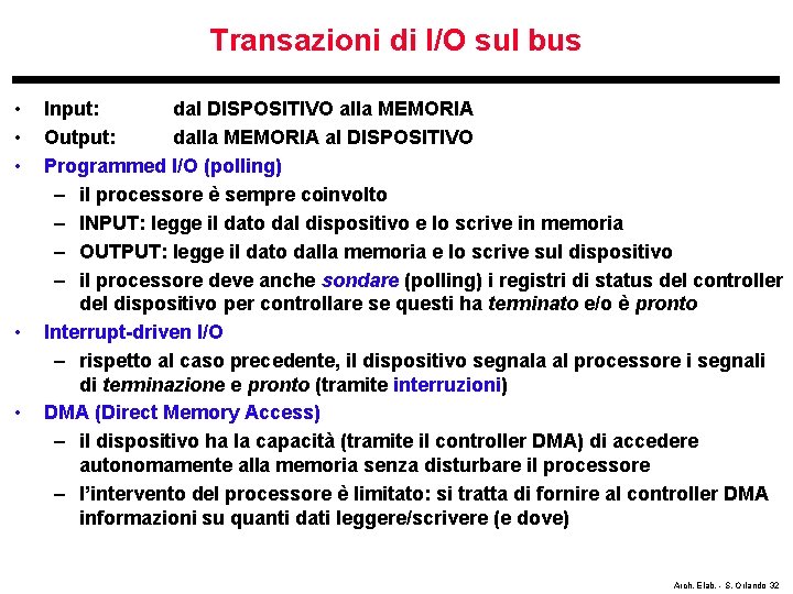 Transazioni di I/O sul bus • • • Input: dal DISPOSITIVO alla MEMORIA Output: