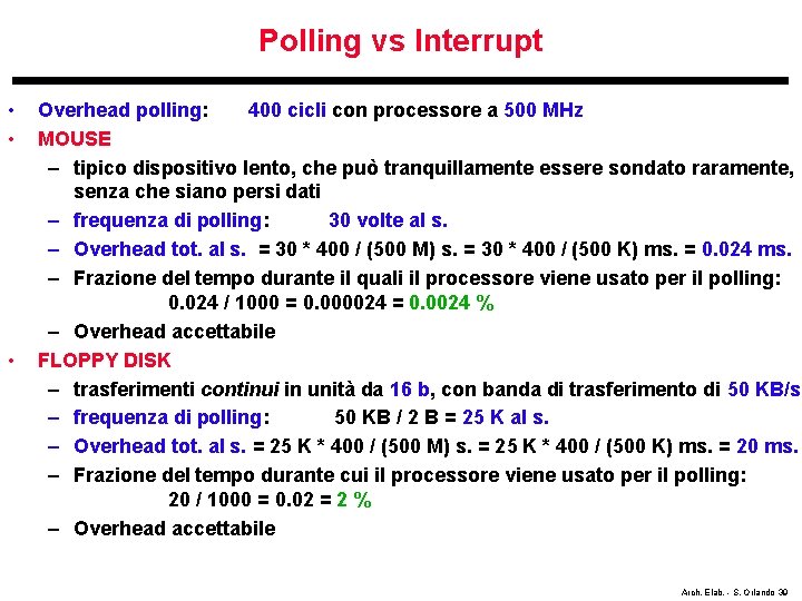 Polling vs Interrupt • • • Overhead polling: 400 cicli con processore a 500