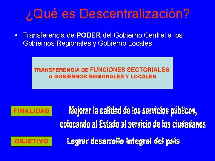 ¿Qué es Descentralización? • Transferencia de PODER del Gobierno Central a los Gobiernos Regionales