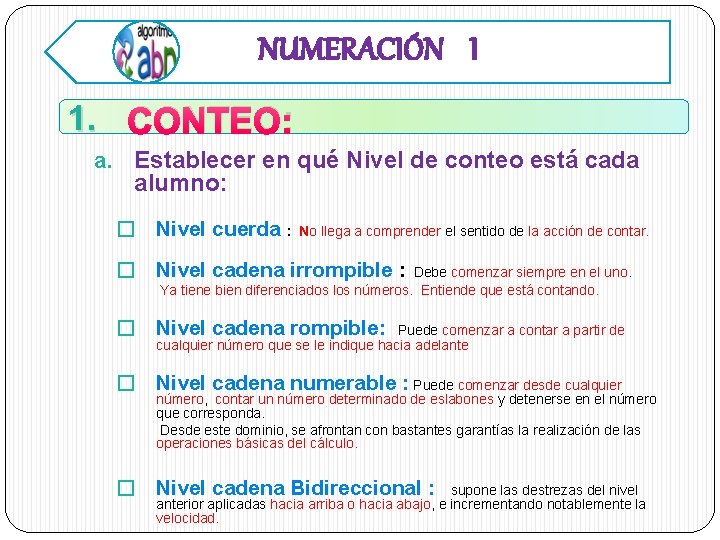 NUMERACIÓN I 1. CONTEO: a. Establecer en qué Nivel de conteo está cada alumno: