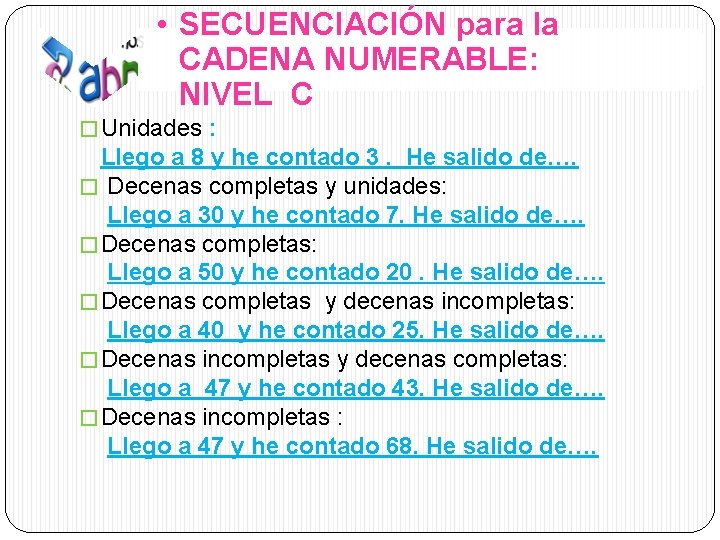  • SECUENCIACIÓN para la CADENA NUMERABLE: NIVEL C � Unidades : Llego a