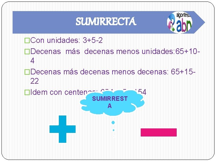 SUMIRRECTA �Con unidades: 3+5 -2 �Decenas más decenas menos unidades: 65+10 - 4 �Decenas