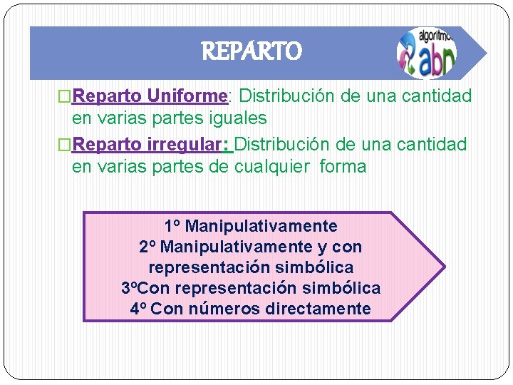REPARTO �Reparto Uniforme: Distribución de una cantidad en varias partes iguales �Reparto irregular: Distribución