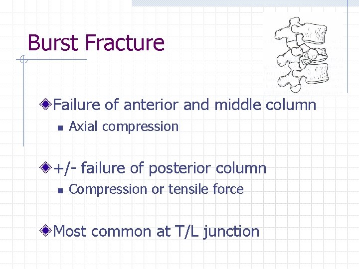 Burst Fracture Failure of anterior and middle column n Axial compression +/- failure of