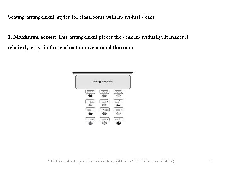 Seating arrangement styles for classrooms with individual desks 1. Maximum access: This arrangement places