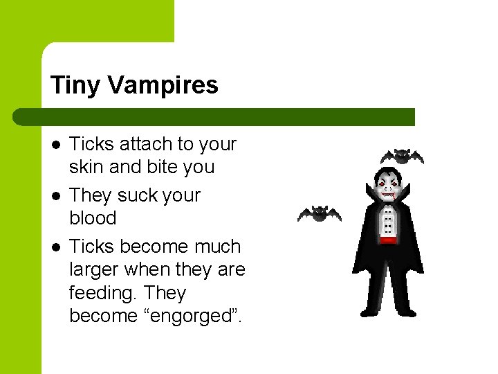 Tiny Vampires l l l Ticks attach to your skin and bite you They