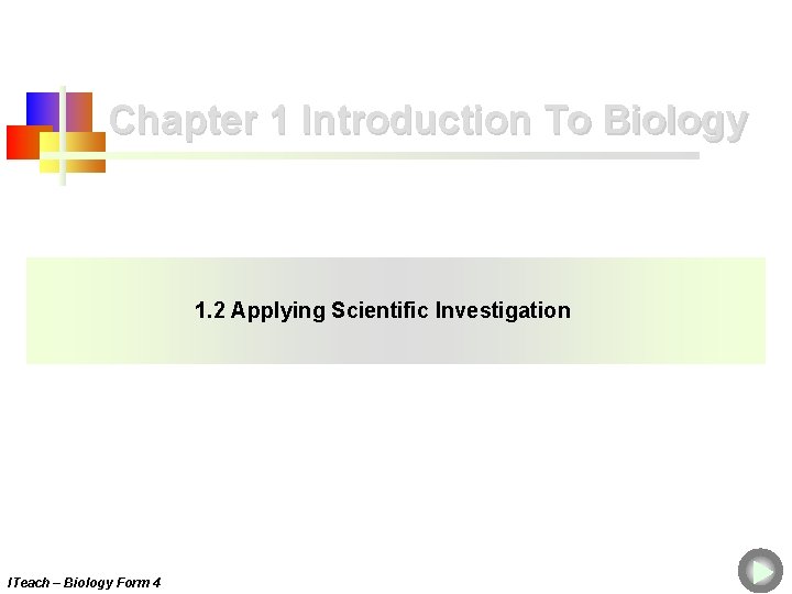 Chapter 1 Introduction To Biology 1. 2 Applying Scientific Investigation ITeach – Biology Form