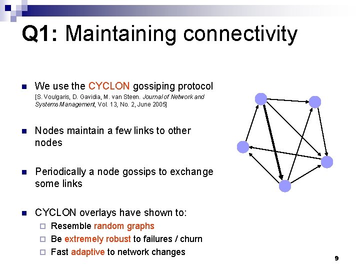 Q 1: Maintaining connectivity n We use the CYCLON gossiping protocol [S. Voulgaris, D.