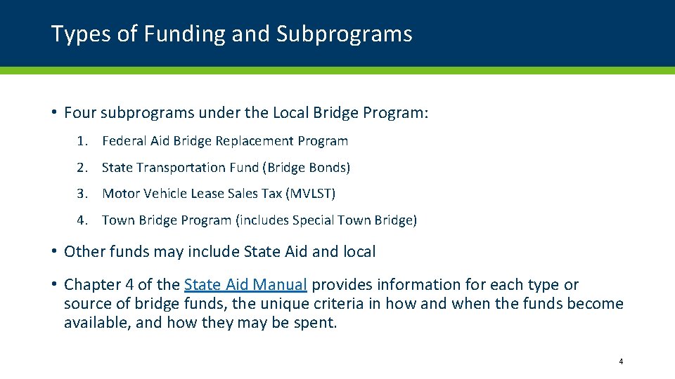 Types of Funding and Subprograms • Four subprograms under the Local Bridge Program: 1.