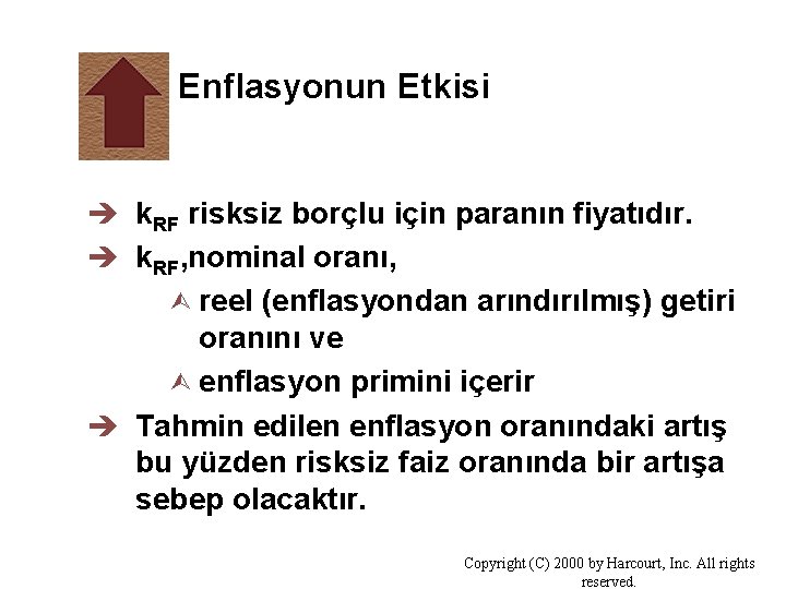 Enflasyonun Etkisi è k. RF risksiz borçlu için paranın fiyatıdır. è k. RF, nominal