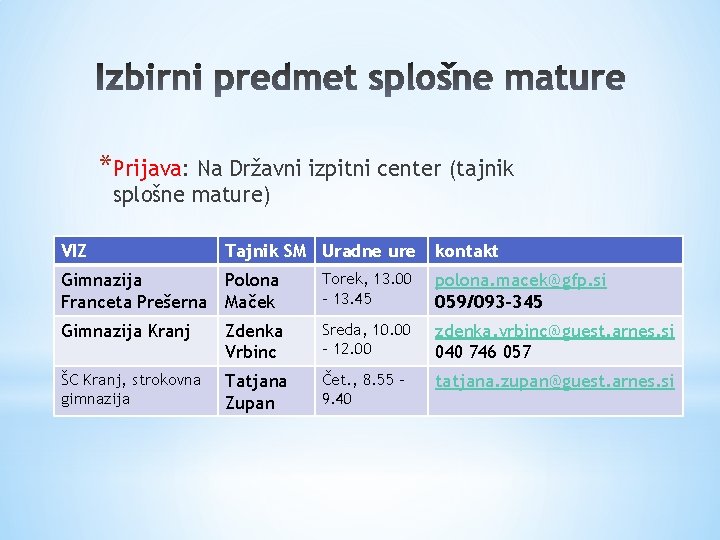 *Prijava: Na Državni izpitni center (tajnik splošne mature) VIZ Tajnik SM Uradne ure kontakt