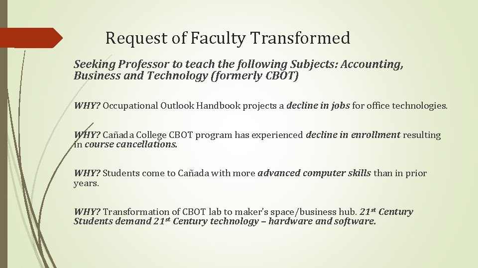 Request of Faculty Transformed Seeking Professor to teach the following Subjects: Accounting, Business and