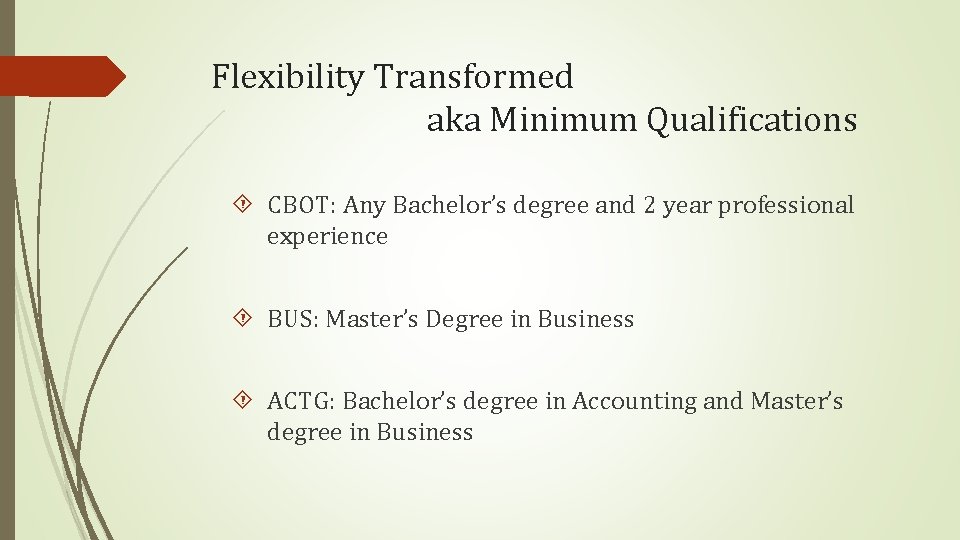 Flexibility Transformed aka Minimum Qualifications CBOT: Any Bachelor’s degree and 2 year professional experience