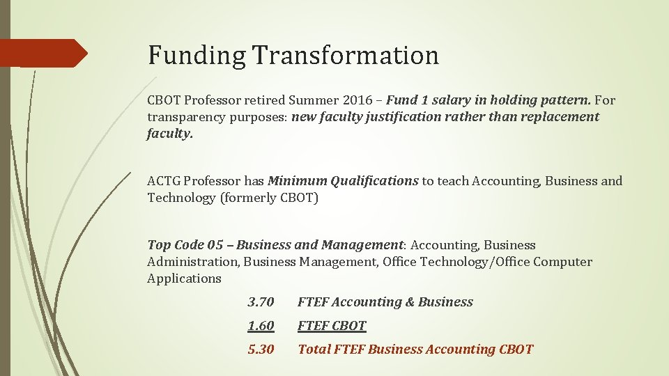 Funding Transformation CBOT Professor retired Summer 2016 – Fund 1 salary in holding pattern.