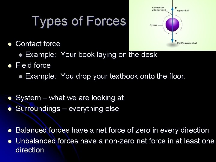 Types of Forces l l l Contact force l Example: Your book laying on