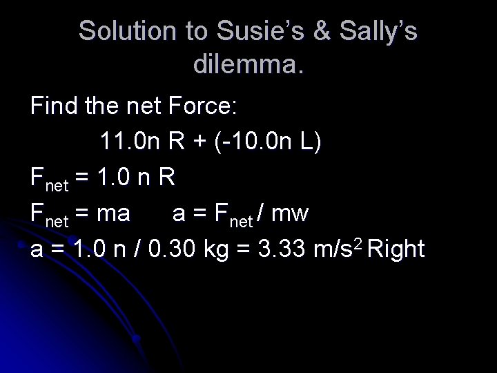 Solution to Susie’s & Sally’s dilemma. Find the net Force: 11. 0 n R