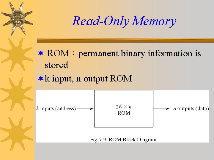 Read-Only Memory ¬ ROM：permanent binary information is stored ¬k input, n output ROM 