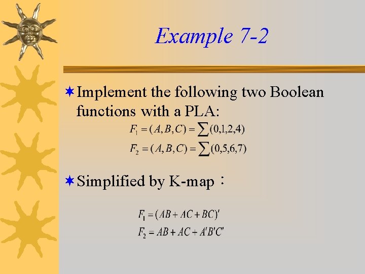 Example 7 -2 ¬Implement the following two Boolean functions with a PLA: ¬Simplified by