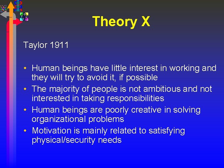 Theory X Taylor 1911 • Human beings have little interest in working and they