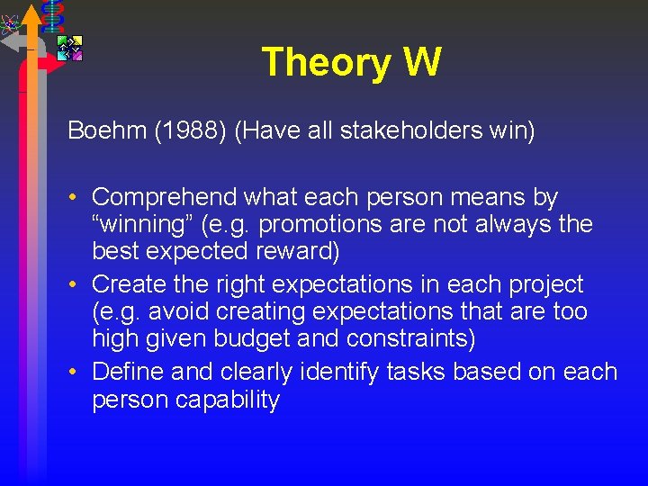 Theory W Boehm (1988) (Have all stakeholders win) • Comprehend what each person means