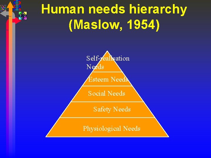 Human needs hierarchy (Maslow, 1954) Self-realisation Needs Esteem Needs Social Needs Safety Needs Physiological