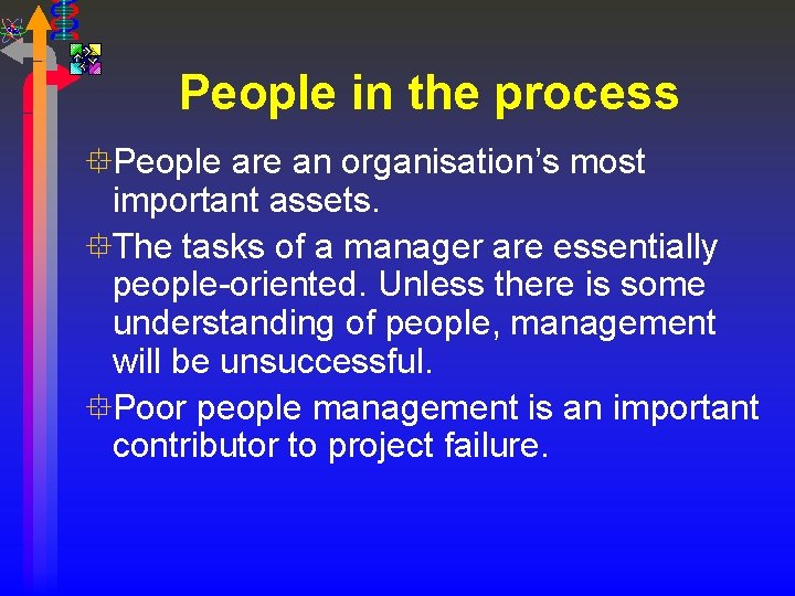 People in the process °People are an organisation’s most important assets. °The tasks of