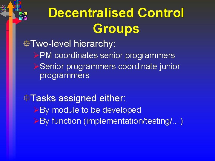 Decentralised Control Groups °Two-level hierarchy: ØPM coordinates senior programmers ØSenior programmers coordinate junior programmers