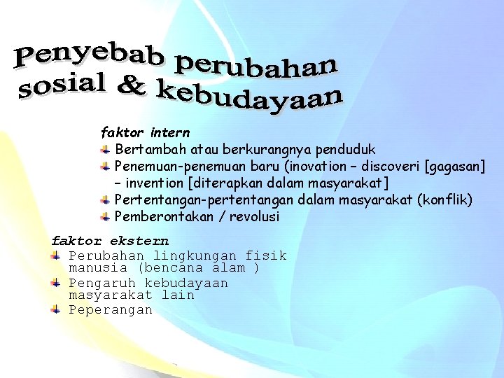 faktor intern Bertambah atau berkurangnya penduduk Penemuan-penemuan baru (inovation – discoveri [gagasan] – invention