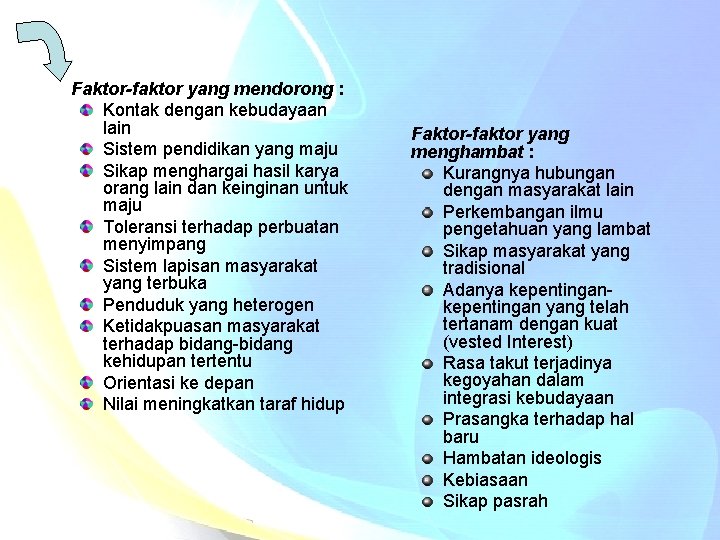 Faktor-faktor yang mendorong : Kontak dengan kebudayaan lain Sistem pendidikan yang maju Sikap menghargai