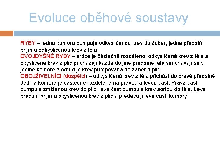 Evoluce oběhové soustavy RYBY – jedna komora pumpuje odkysličenou krev do žaber, jedna předsíň