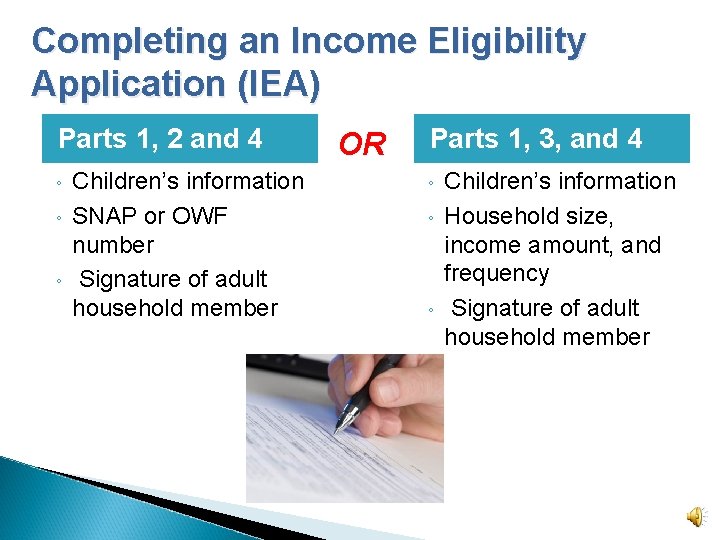 Completing an Income Eligibility Application (IEA) Parts 1, 2 and 4 ◦ ◦ ◦