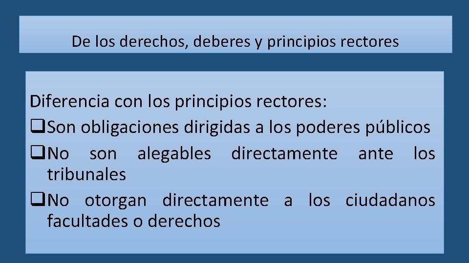 De los derechos, deberes y principios rectores Diferencia con los principios rectores: q. Son