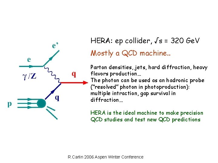 HERA: ep collider, √s = 320 Ge. V Mostly a QCD machine. . Parton