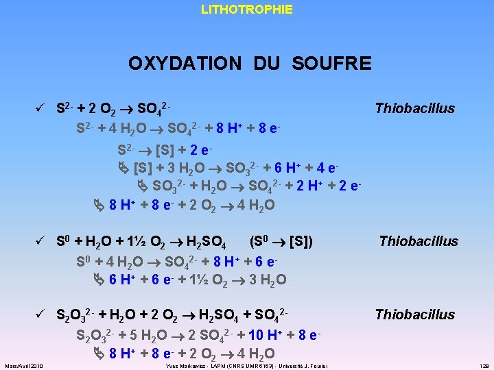 LITHOTROPHIE OXYDATION DU SOUFRE ü S 2 - + 2 O 2 SO 42