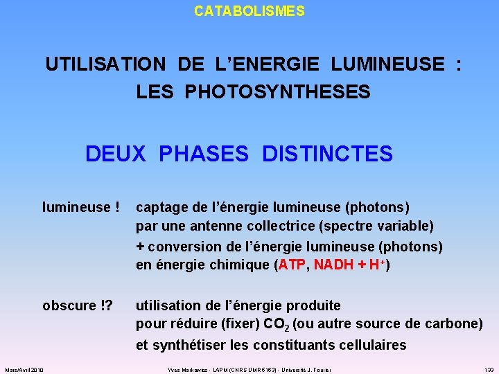 CATABOLISMES UTILISATION DE L’ENERGIE LUMINEUSE : LES PHOTOSYNTHESES DEUX PHASES DISTINCTES lumineuse ! captage