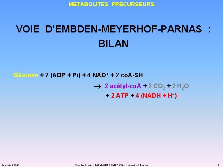 METABOLITES PRECURSEURS VOIE D’EMBDEN-MEYERHOF-PARNAS : BILAN Glucose + 2 (ADP + Pi) + 4