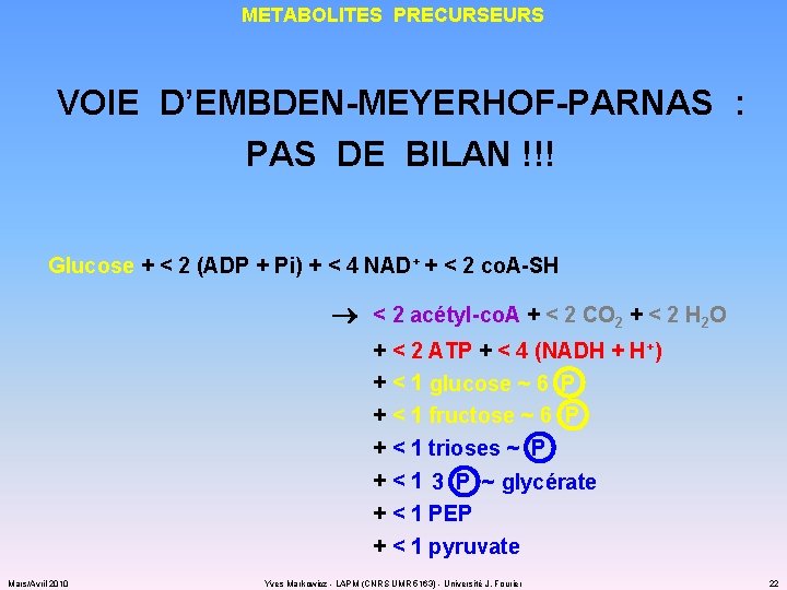 METABOLITES PRECURSEURS VOIE D’EMBDEN-MEYERHOF-PARNAS : PAS DE BILAN !!! Glucose + < 2 (ADP