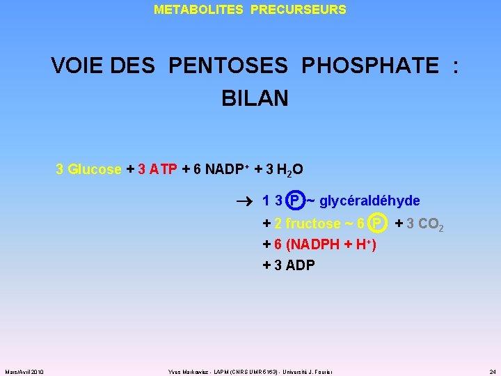 METABOLITES PRECURSEURS VOIE DES PENTOSES PHOSPHATE : BILAN 3 Glucose + 3 ATP +