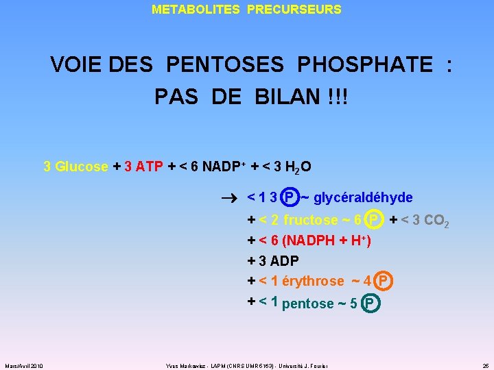 METABOLITES PRECURSEURS VOIE DES PENTOSES PHOSPHATE : PAS DE BILAN !!! 3 Glucose +