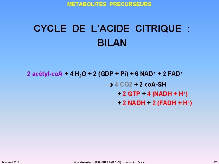 METABOLITES PRECURSEURS CYCLE DE L’ACIDE CITRIQUE : BILAN 2 acétyl-co. A + 4 H