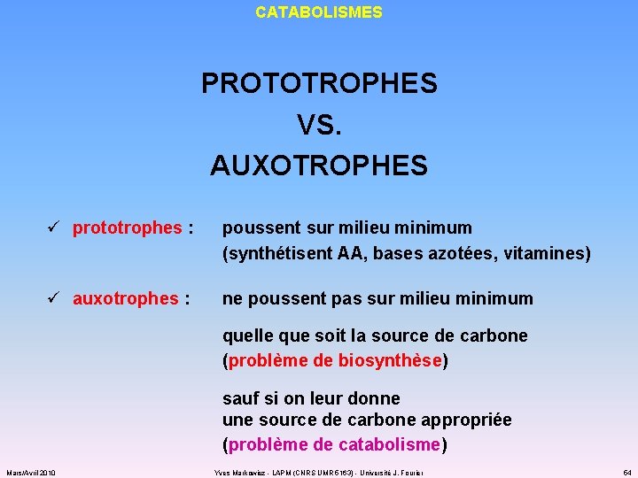 CATABOLISMES PROTOTROPHES VS. AUXOTROPHES ü prototrophes : poussent sur milieu minimum (synthétisent AA, bases