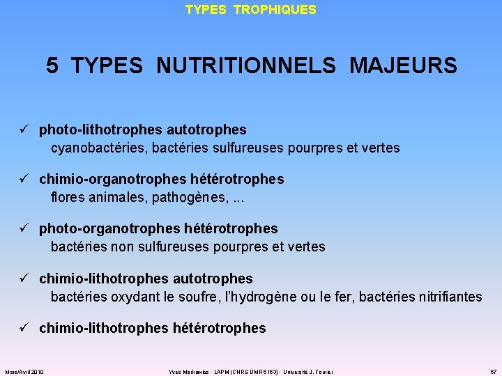 TYPES TROPHIQUES 5 TYPES NUTRITIONNELS MAJEURS ü photo-lithotrophes autotrophes cyanobactéries, bactéries sulfureuses pourpres et