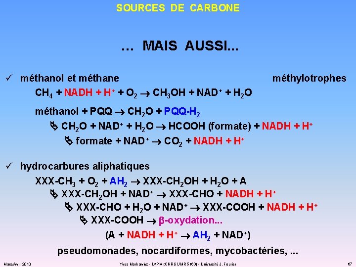 SOURCES DE CARBONE … MAIS AUSSI. . . ü méthanol et méthane CH 4