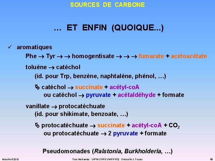 SOURCES DE CARBONE … ET ENFIN (QUOIQUE. . . ) ü aromatiques Phe Tyr