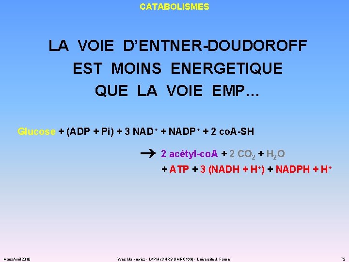 CATABOLISMES LA VOIE D’ENTNER-DOUDOROFF EST MOINS ENERGETIQUE LA VOIE EMP… Glucose + (ADP +