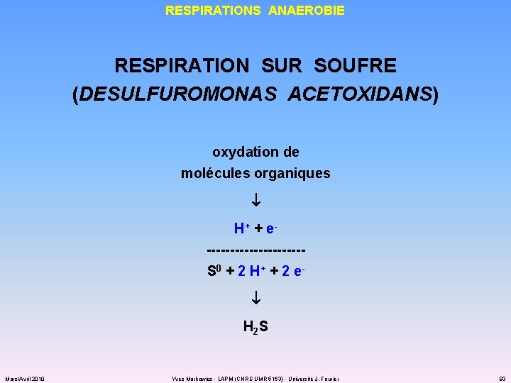 RESPIRATIONS ANAEROBIE RESPIRATION SUR SOUFRE (DESULFUROMONAS ACETOXIDANS) oxydation de molécules organiques H+ + e----------S
