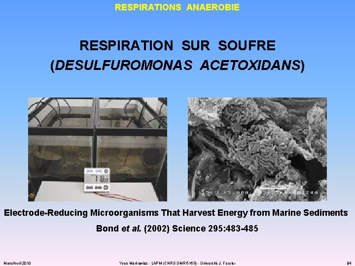 RESPIRATIONS ANAEROBIE RESPIRATION SUR SOUFRE (DESULFUROMONAS ACETOXIDANS) Electrode-Reducing Microorganisms That Harvest Energy from Marine