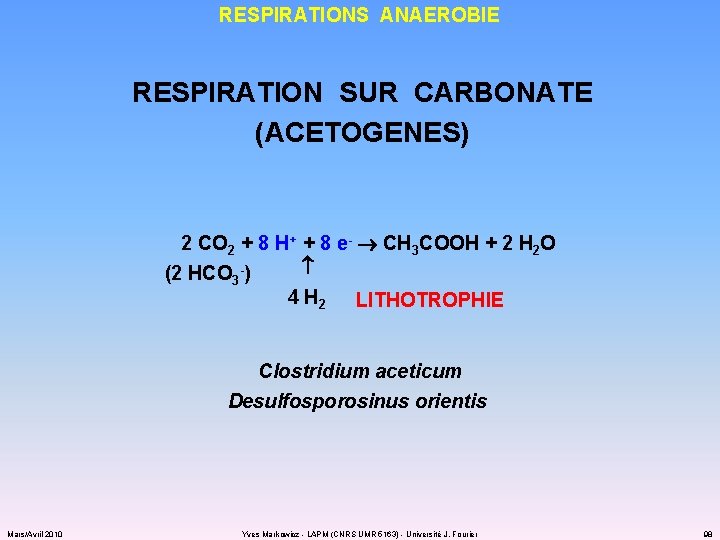 RESPIRATIONS ANAEROBIE RESPIRATION SUR CARBONATE (ACETOGENES) 2 CO 2 + 8 H+ + 8