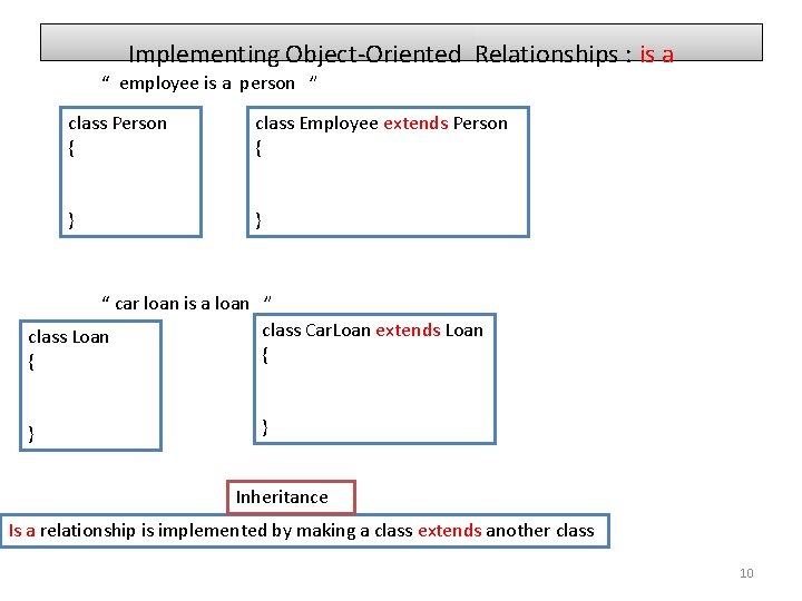 Implementing Object-Oriented Relationships : is a “ employee is a person ” class Person Implementing Object-Oriented Relationships : is a “ employee is a person ” class Person