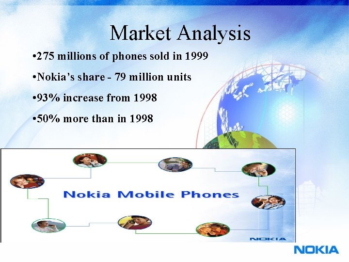 Market Analysis • 275 millions of phones sold in 1999 • Nokia’s share -